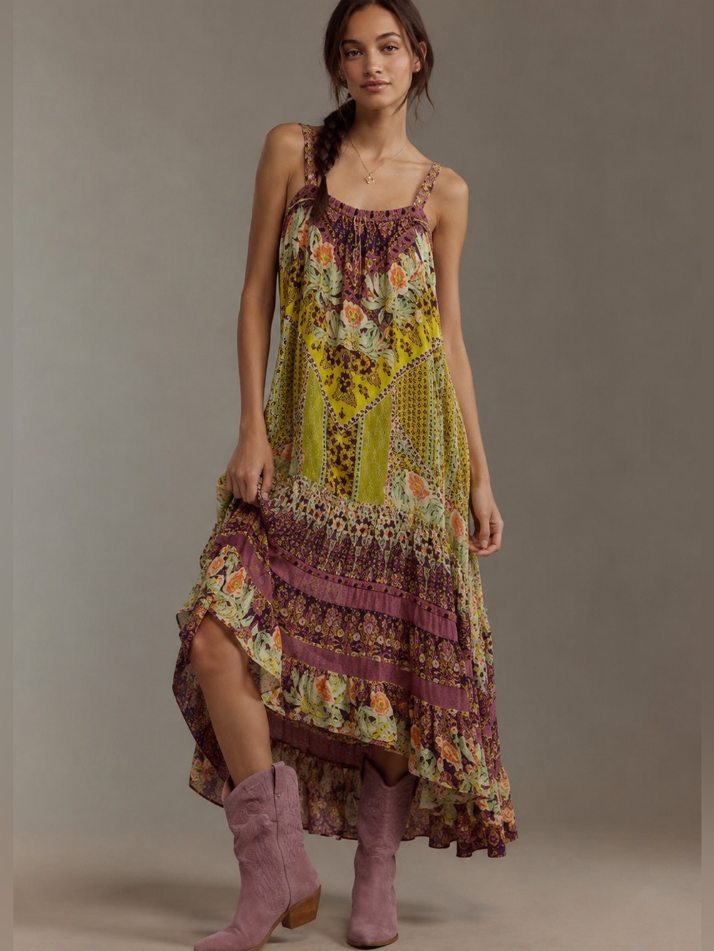 Anthropology pixie prairie boho girly Yellow and Purple - Dress- size S -